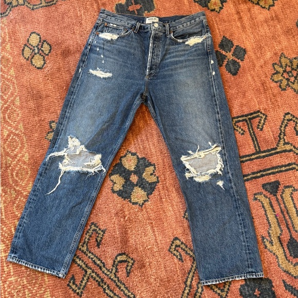Agolde 90’s High Rise Loose Fit Blue Jeans Distressed in Psyche - Picture 2 of 12